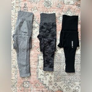 Gymshark Legging Bundle Black, Charcoal Camo & Light Gray High-Waist Leggings